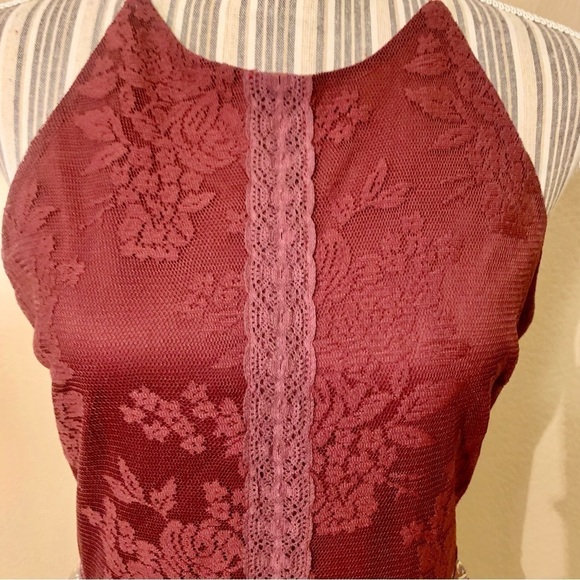 Doe & Rae Mini Dress Large Burgundy Floral Lace Patchwork Skirt Ivory Boho Flowy - Picture 3 of 16